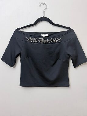 SMART SET Black Rhinestones Off-The-Shoulder Crop Top P/S